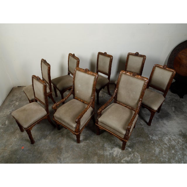 Wood Set of Eight 1920s Black Forest Dining Room Chairs with Hand-Carved Floral Décor For Sale - Image 7 of 12