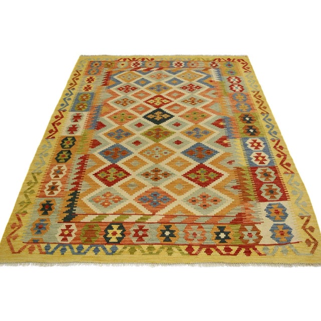 Shabby Chic Shabby Chic Kilim Ivory Gold Wool Rug - 5'0" X 6'5" For Sale - Image 3 of 7