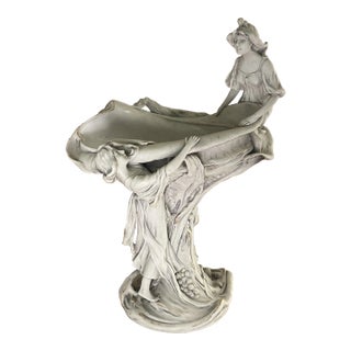 Late 19th Century Art Nouveau Ceramic Bohemian Bowl With Two Female Figures Shell Centerpiece For Sale