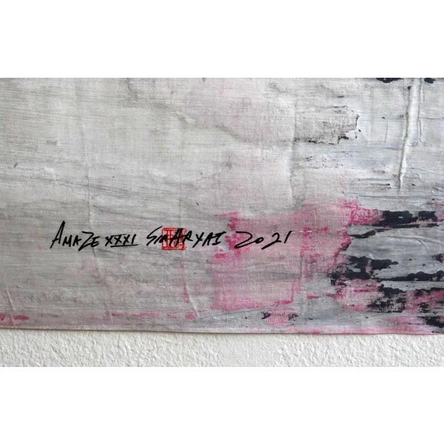 Stunning shades of gray are contrasted and complemented by vibrant pink with a twist in this one-of-a-kind 44X44" abstract...