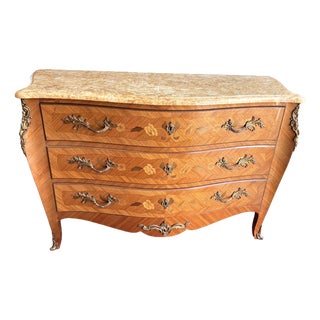 Louis XV Bombé Commode in Marquetry with Marble Top, 1950s For Sale