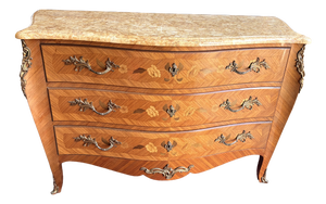 Louis XV Bombé Commode in Marquetry with Marble Top, 1950s