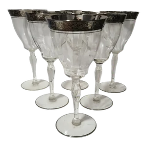 Mid 20th Century Glastonbury Lotus Rambler Rose Set of 6 Platinum Encrusted Rim Water Wine Glasses