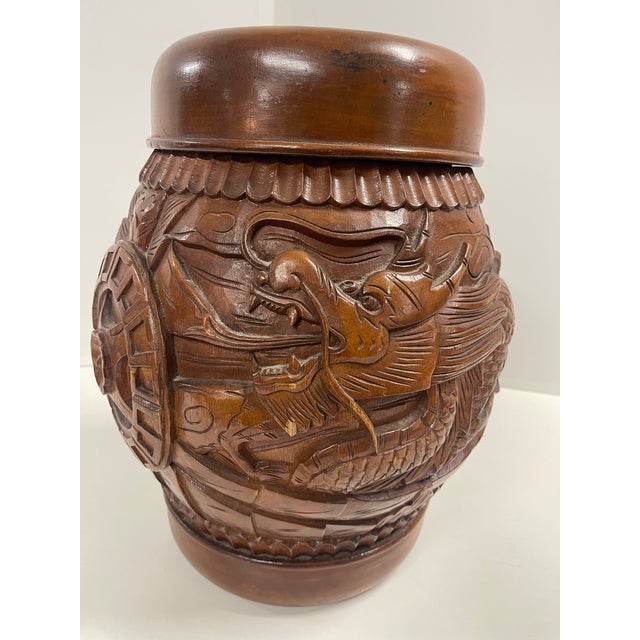 Antique Hand Carved Wooden Hollow Drum-Shaped Chinese Garden Stools—A Pair For Sale - Image 13 of 16