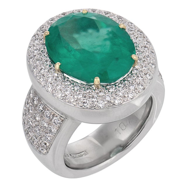 1990s Wempe Gia 10.48 Carat Colombian Emerald Diamond 18k White Gold Cocktail Ring, Size 5 For Sale