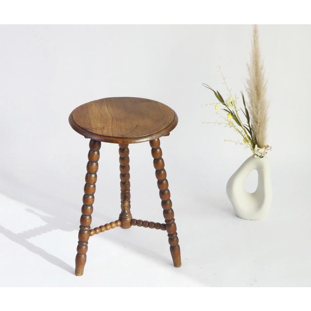 Antique French Round Wooden Bobbin Side Table or Stool, 1920s For Sale - Image 6 of 10