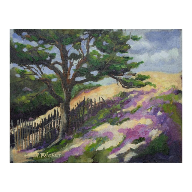 1990s Monterey Hilltop Cypress Tree Landscape Painting by Nancy Faisant For Sale