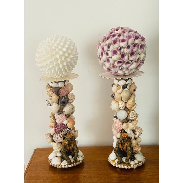 Whimsical Pair Sea Shell Encrusted Candlesticks With Shell Globes and Monkeys Figure For Sale - Image 4 of 8