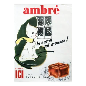 1940's French Soap Advertisement - Ambré Le Chat (Le Savon Qui Mousse) Window Scene