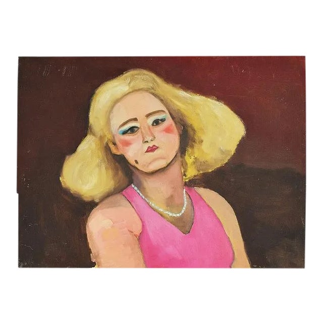 Original Expressionist Portrait Painting of a Woman in Pink - 16" X 12" - Signed For Sale