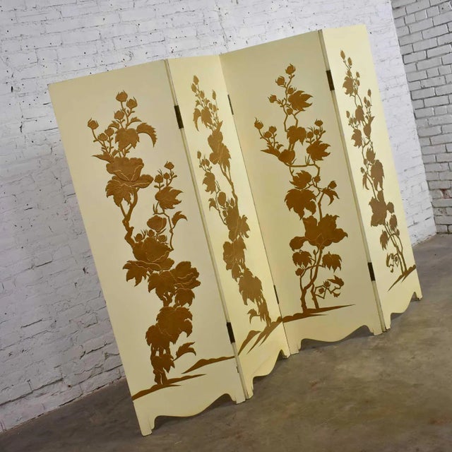 Wood Hollywood Regency to Art Deco Folding Screen Four Panel Painted Off White With Floral Embossed Design For Sale - Image 7 of 13