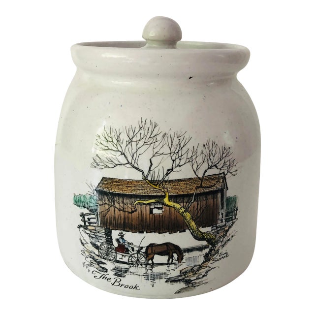 Vintage Pottery Cookie Lidded Jar "The Brook " Painting Signed by Eric Sloane For Sale