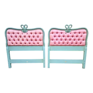Pair of Vintage Baker Furniture Faux Bow Tied Tassels Tufted Upholstered Twin Headboards
