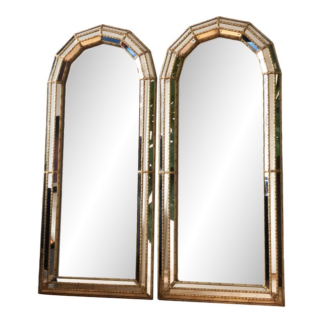 Pair of Large Vintage Venetian Full Length Brass Mirrors – Gold Hollywood Regency, Spanish 1990s For Sale