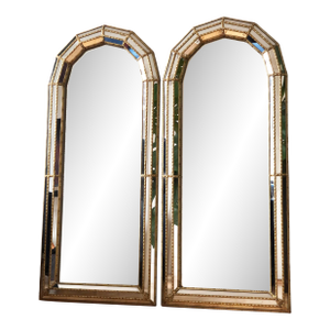 Pair of Large Vintage Venetian Full Length Brass Mirrors – Gold Hollywood Regency, Spanish 1990s