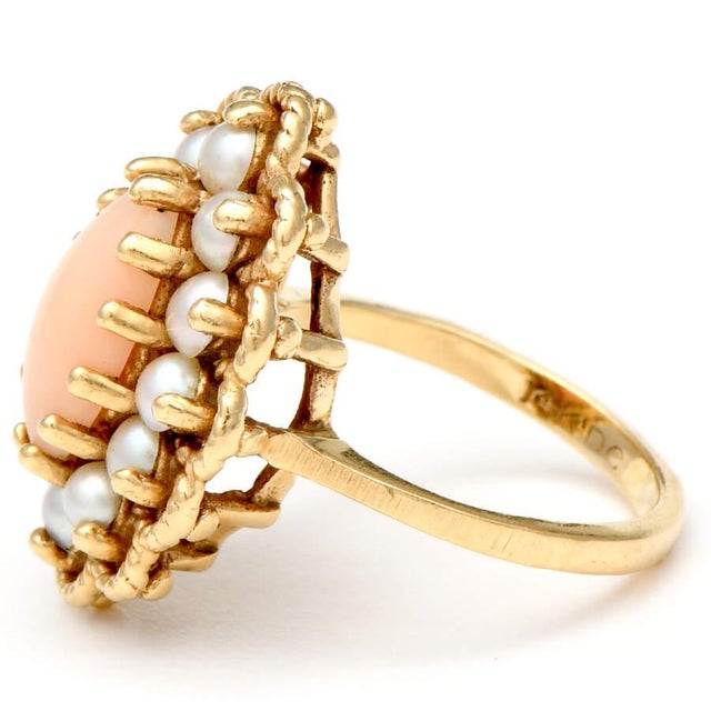 Mid-Century Modern 14KY Mid Century Modern Coral & Seed Pearl Ring, size 4 For Sale - Image 3 of 5