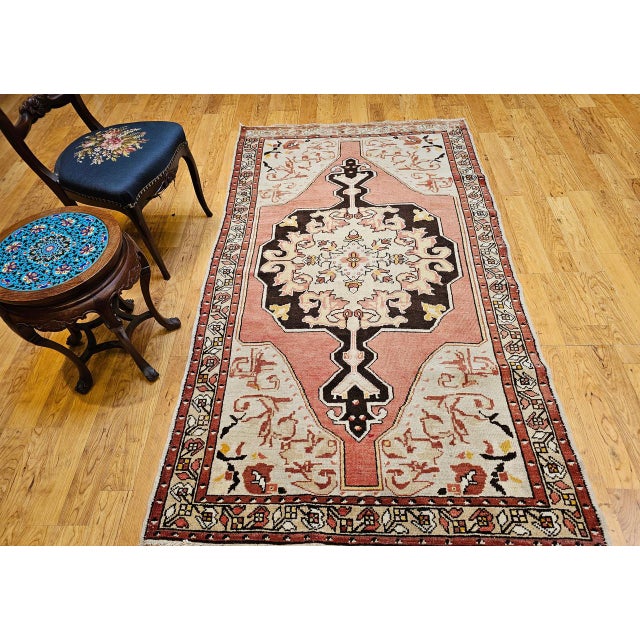Textile Vintage Turkish Oushak Area Rug, Handwoven Wool, 1920s Cream & Pink, 5' x 8' For Sale - Image 7 of 17
