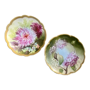 D’artois Limoges Hand Painted Scalloped Gilt Floral Porcelain Plates- a Pair