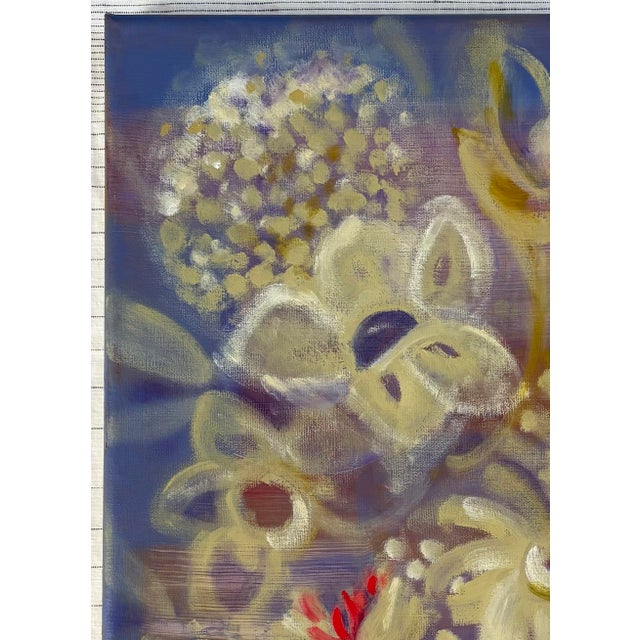 This is a beautiful impressionist floral still life in moody hues of blues, purples, greens, rose, and natural colors with...