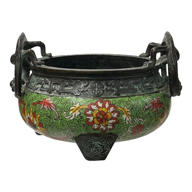 Vintage Light Green Enamel Metal Round Ding Shape Incense Burner Display Art For Sale