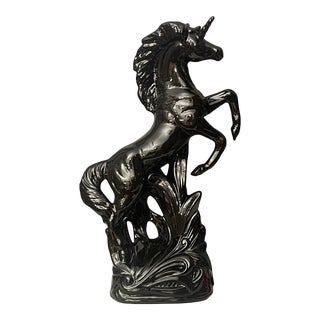 Monumental Royal Haeger Pottery Black Ceramic Rearing Unicorn For Sale
