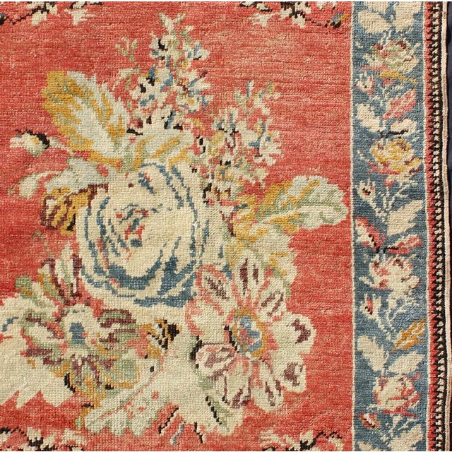 Vintage Turkish Oushak Carpet with Bouquets of Colorful Flowers in Red and Teal. Measures: 3'9'' x 5'5''. Inspired by...