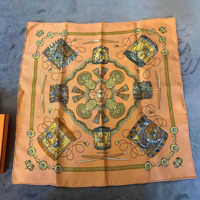 Orange 20th Century Classic Orange Silk Carrè Scarf "Les Tambours" by Hermes For Sale - Image 8 of 13