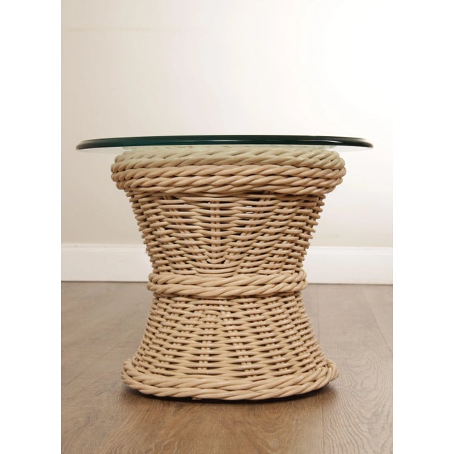 Wood Quality Vintage Round Wicker Rattan Glass Top Side Table For Sale - Image 7 of 13