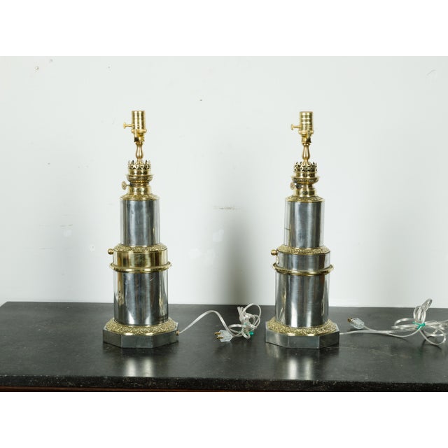 1920s French Gagneau Paris Steel and Brass Table Lamps with Waterleaves - Pair For Sale - Image 9 of 9