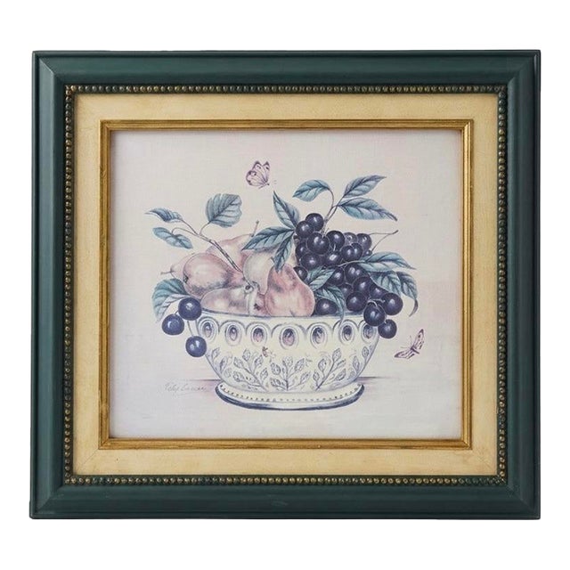 Vintage Framed Fruit Still Life Print by Patsy Craven - Botanical Bowl of Pears & Cherries For Sale