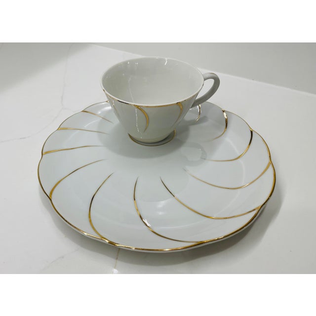 Asian Tea Set With Dessert Plates - 8 Pieces - Vintage White Porcelain With Gold Spiral For Sale - Image 3 of 10