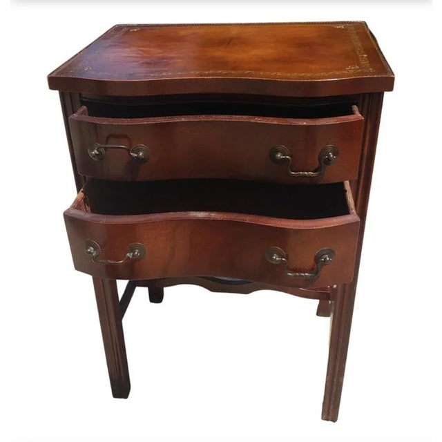 1940s Two-Drawer Serpentine Mahogany Chippendale Side Table With Stenciled Leather Top For Sale - Image 5 of 12
