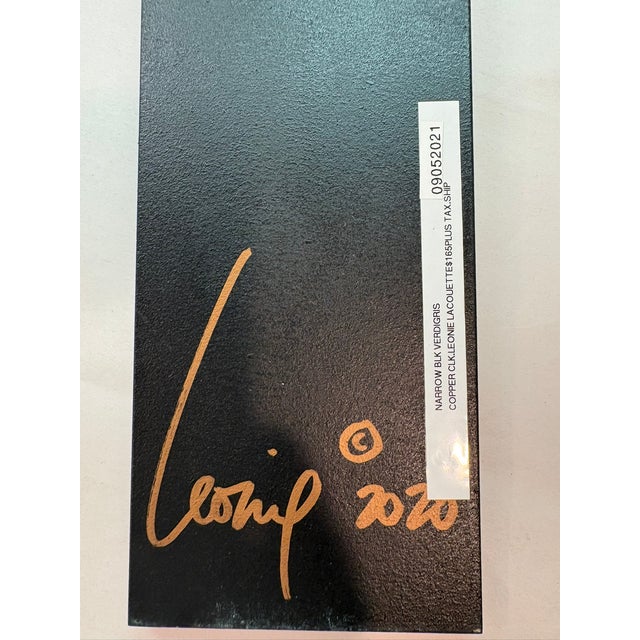 Signed Artist Leonie Lacouette Narrow Black Verdigris Copper Pendulum Wall Clock For Sale - Image 11 of 11