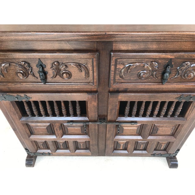 Spanish 20th Century Spanish Carved Dark Walnut Tuscan Two Drawers Credenza or Buffet For Sale - Image 3 of 13