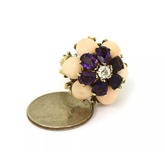 Contemporary Coral Amethyst & Diamond 18k Yellow Gold Large Floral Ring - Size 8 For Sale - Image 3 of 5