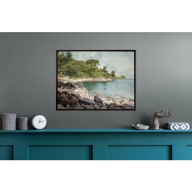 Contemporary Light Among Rocks by Jon Doran | Oil on Panel Rocky Cove With Turquoise Water For Sale - Image 9 of 9