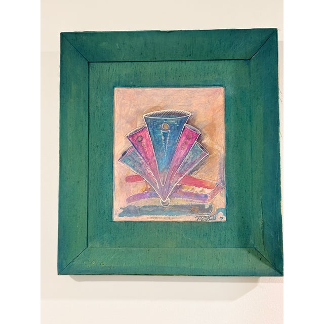 “Express Yourself” Vintage 1989 Tom Roll Abstract Mixed Media Painting in Teal Frame, 18" X 20" For Sale - Image 9 of 9