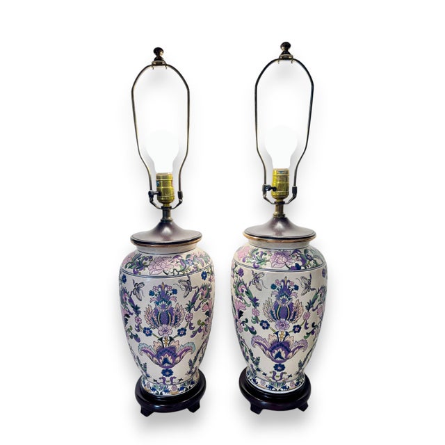 Wood 1970s Ornate Floral Ceramic Urn Table Lamps With Carved Wood Bases - a Pair For Sale - Image 7 of 13
