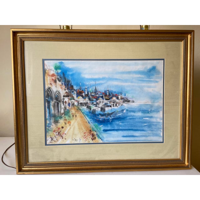 Vintage city and seascape watercolor original signed and beautiful frame original painting