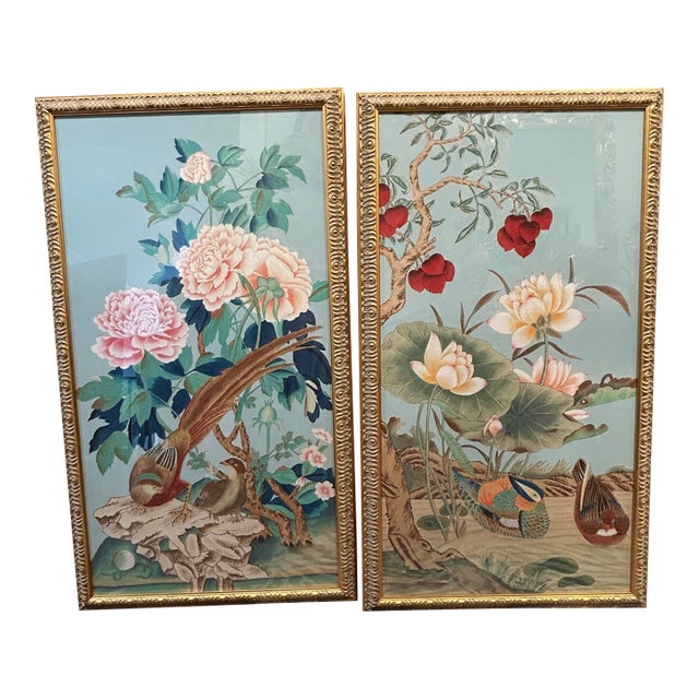 1990s Chinoiserie Oil on Silk Painting of Birds With Lotus Blooms by Chelsea - a Pair For Sale