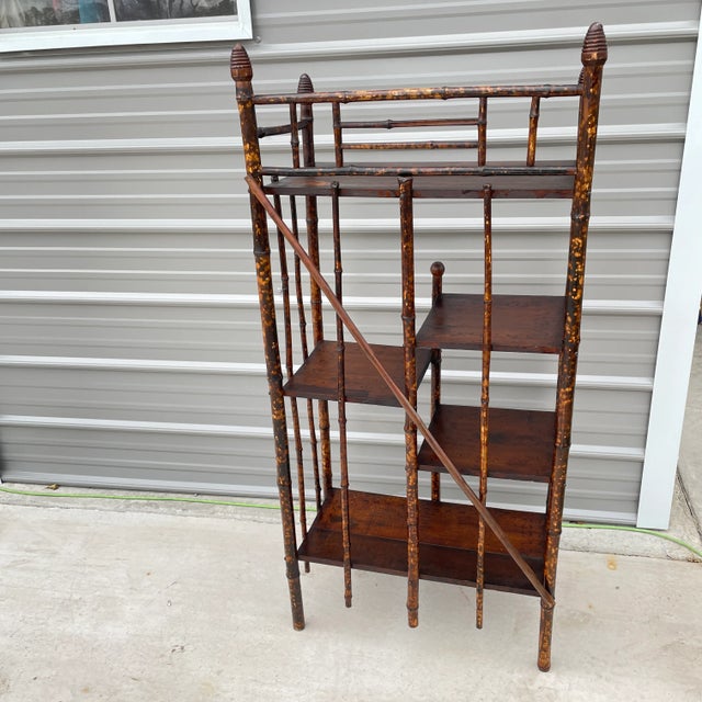 Antique Faux Tortoise Shell Finish Bamboo Etagere With Five Pine Planked Shelves For Sale - Image 12 of 12