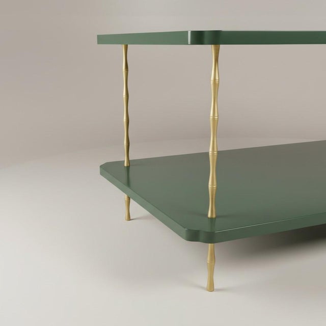 Handcrafted Satin Marthas Vineyard Painted Two-Layer Coffee Table With Brass Bamboo Legs For Sale - Image 4 of 5