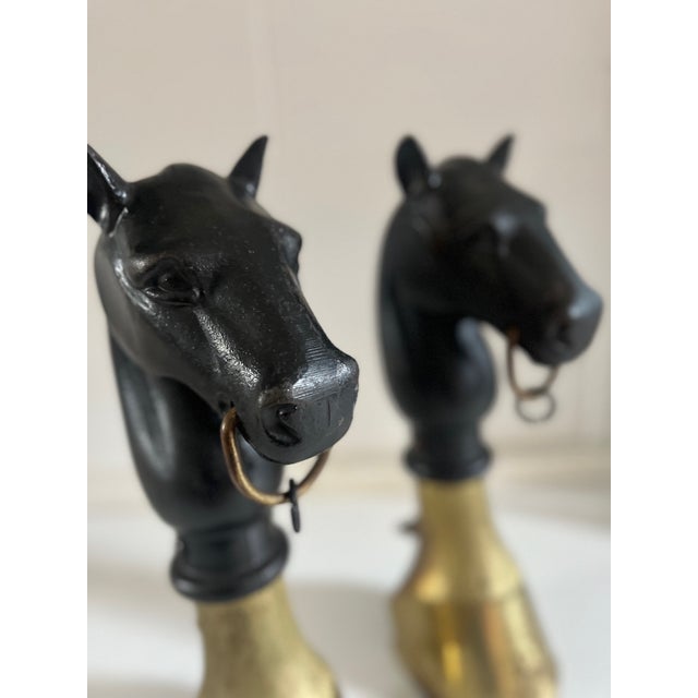 Black Pair of Vintage English Equestrian Horse Heads and Brass Hoof Andirons For Sale - Image 8 of 9