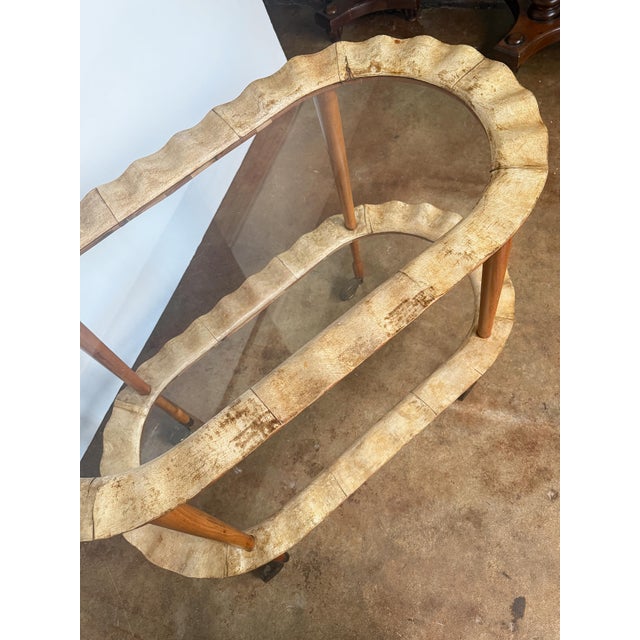 Wood Italian Two-Tier Drinks Cart of Scalloped Wood and Glass - Mid 20th Century For Sale - Image 7 of 10