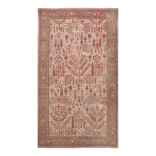 Beige Antique Turkish Oushak Handmade Oversize Wool Rug With Allover Pattern For Sale