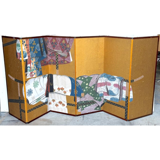 Japanese Six-Panel Byōbu/ Screen Depicting Kimonos and Obi Draped on an Ikō Rac For Sale - Image 18 of 18