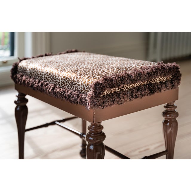 Leopard Bottle Brush Fringed Turned Leg Bench Refinished and reupholstered 1930's reclassified piano bench is now read for...