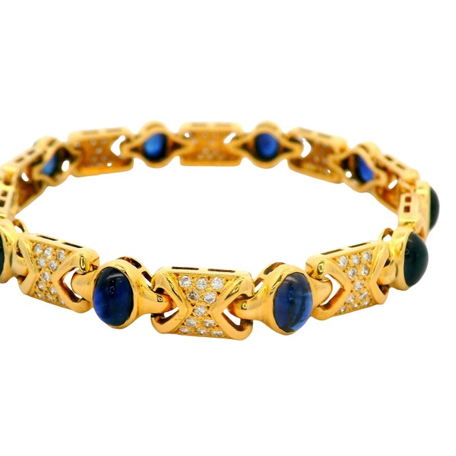 Blue Sapphire Diamond 18k Yellow Link Bracelet For Sale - Image 4 of 5