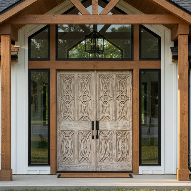 1990s Midcentury Carved Entry Doors in Distressed Wood Architectural Statement Panels 80x30 For Sale - Image 5 of 14
