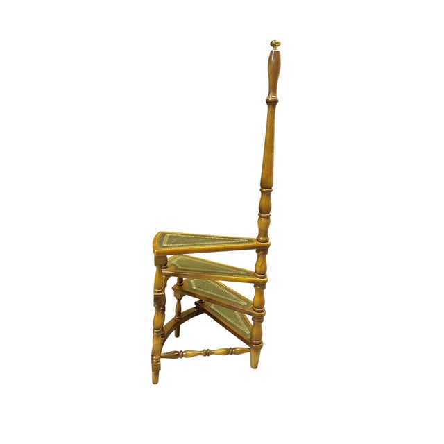 Vintage English Wood Library Spiral Step Ladder With Green Tooled Leather Tread Insets For Sale - Image 12 of 18